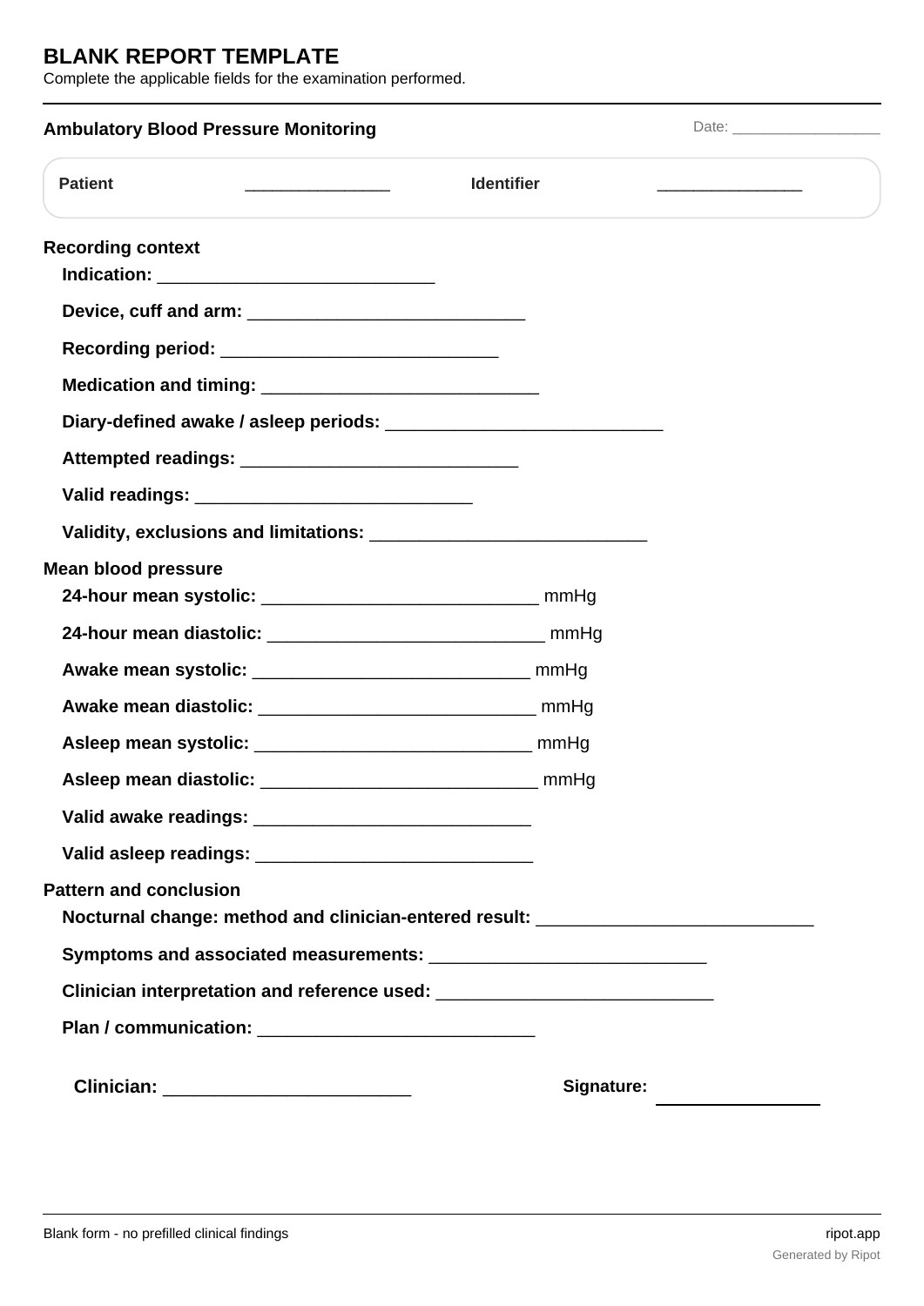 Ambulatory Blood Pressure Monitoring blank template, page 1 of 1