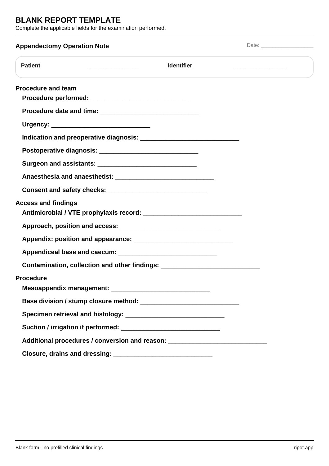 Appendectomy Operation Note blank template, page 1 of 2