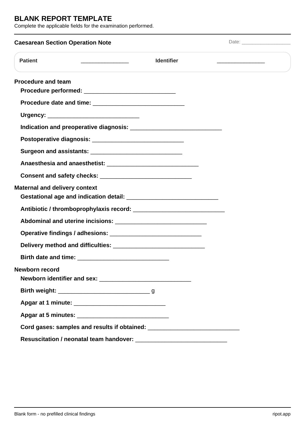 Caesarean Section Operation Note blank template, page 1 of 2