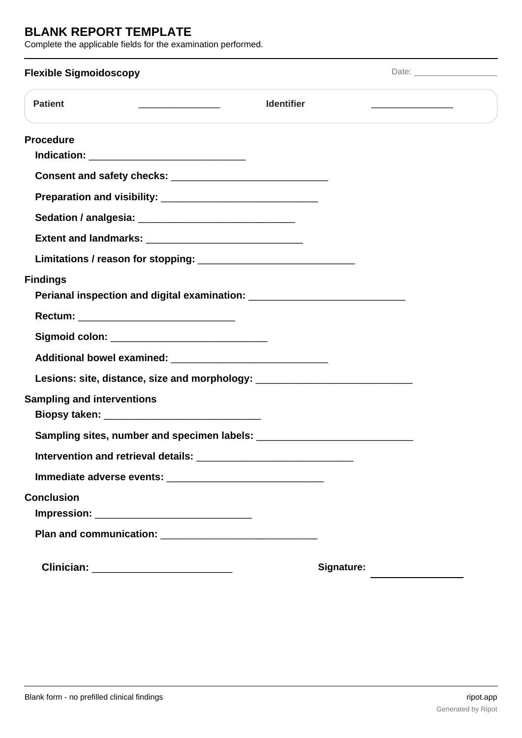 Flexible Sigmoidoscopy blank template, page 1 of 1