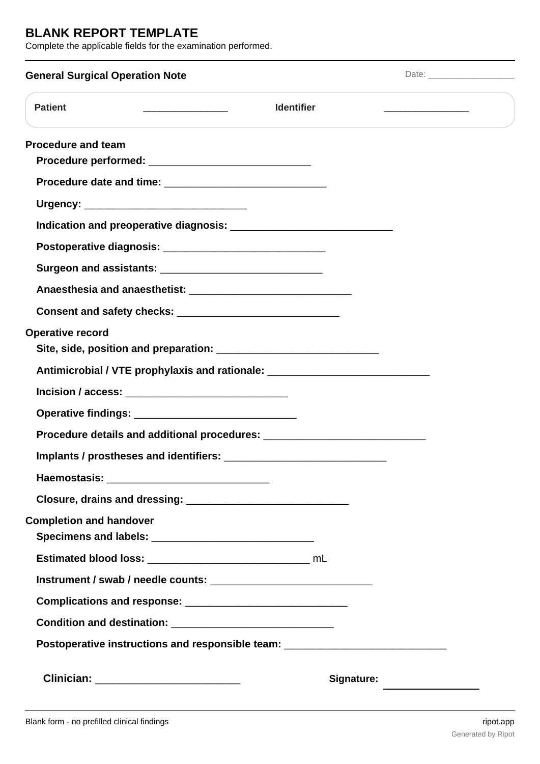 General Surgical Operation Note blank template, page 1 of 1