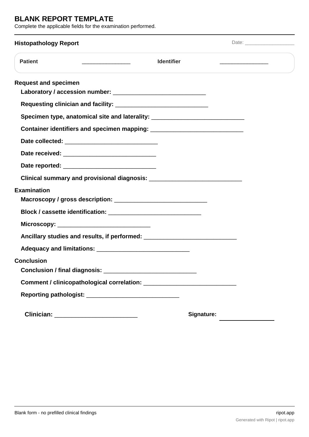 Histopathology Report blank template, page 1 of 1