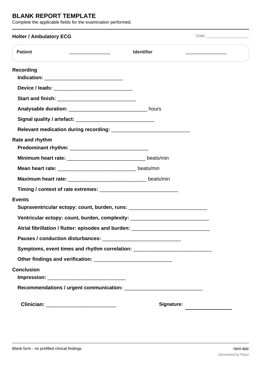 Holter / Ambulatory ECG blank template, page 1 of 1