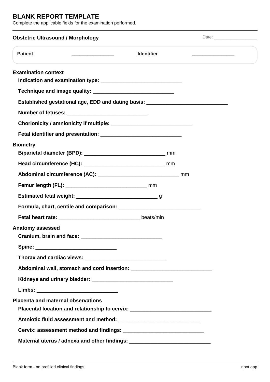 Obstetric Ultrasound / Morphology blank template, page 1 of 2