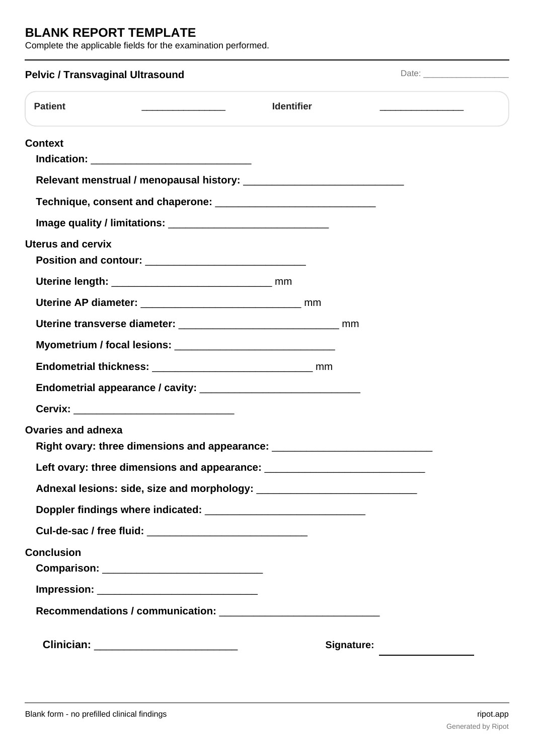 Pelvic / Transvaginal Ultrasound blank template, page 1 of 1