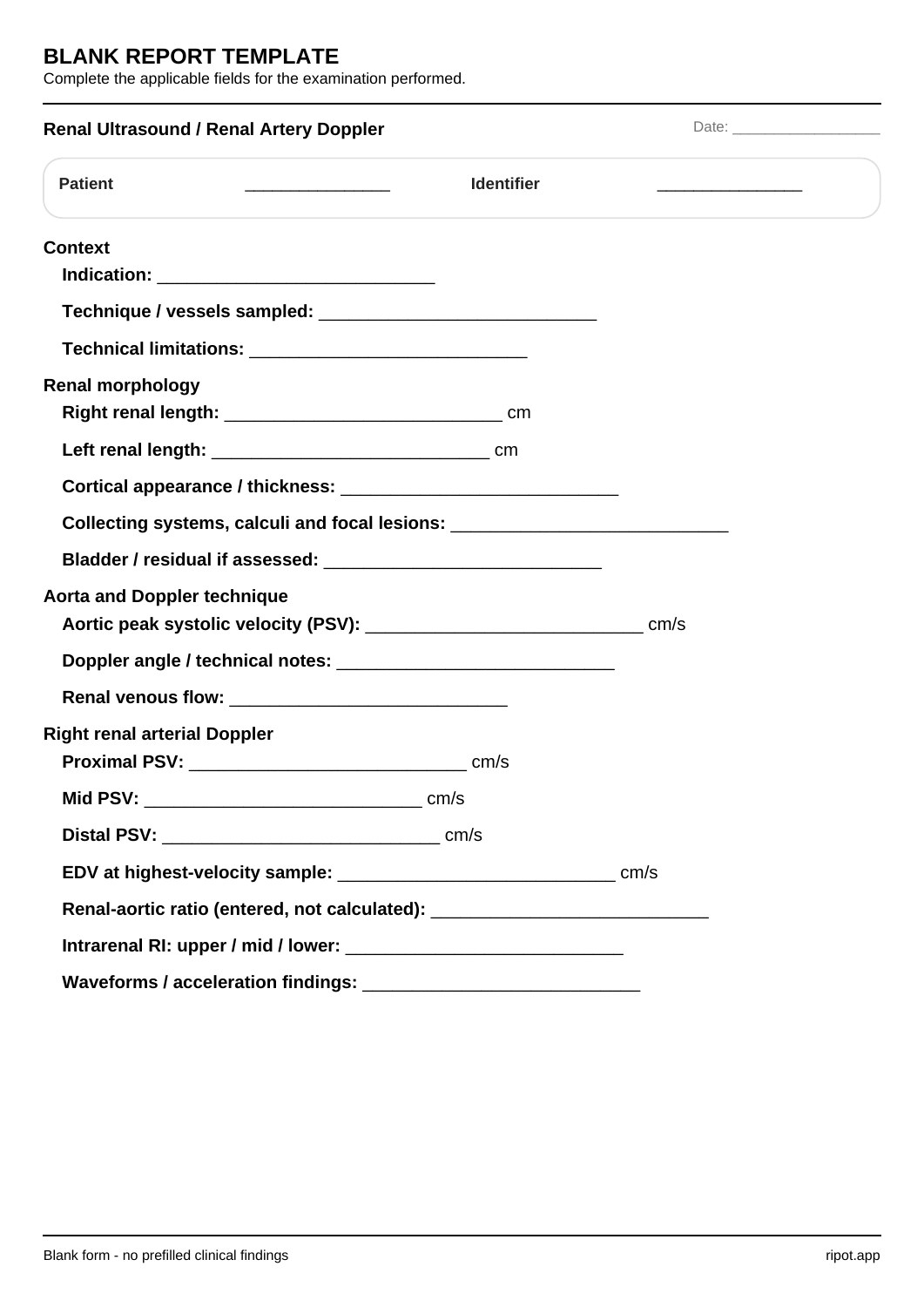 Renal Ultrasound / Renal Artery Doppler blank template, page 1 of 2