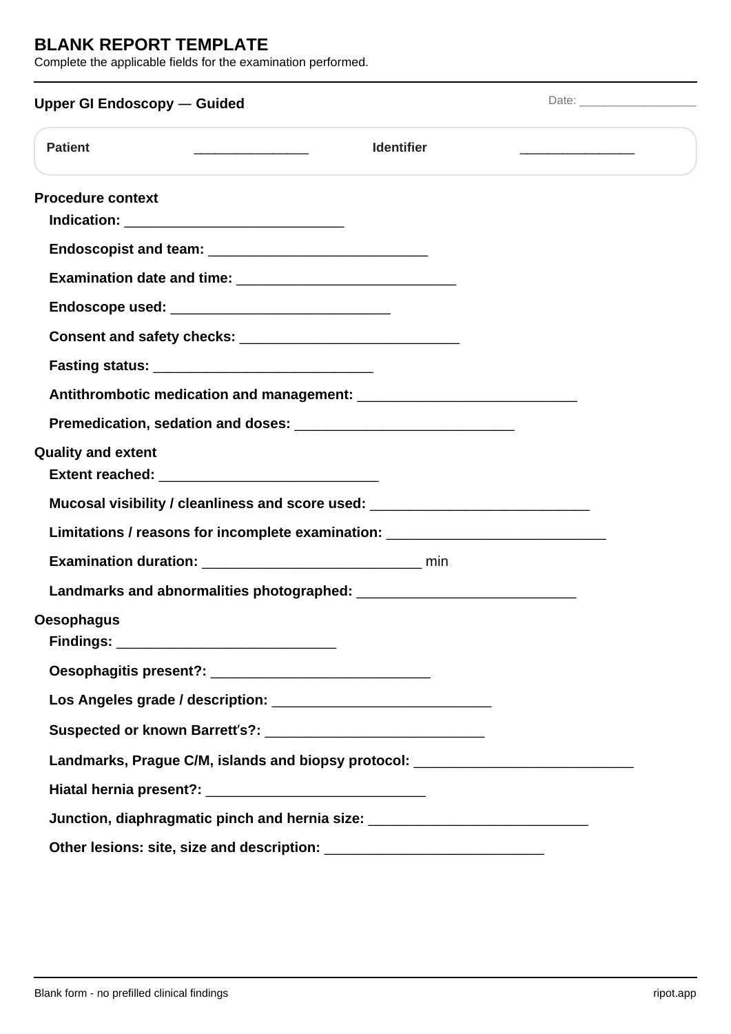 Upper GI Endoscopy — Guided blank template, page 1 of 2