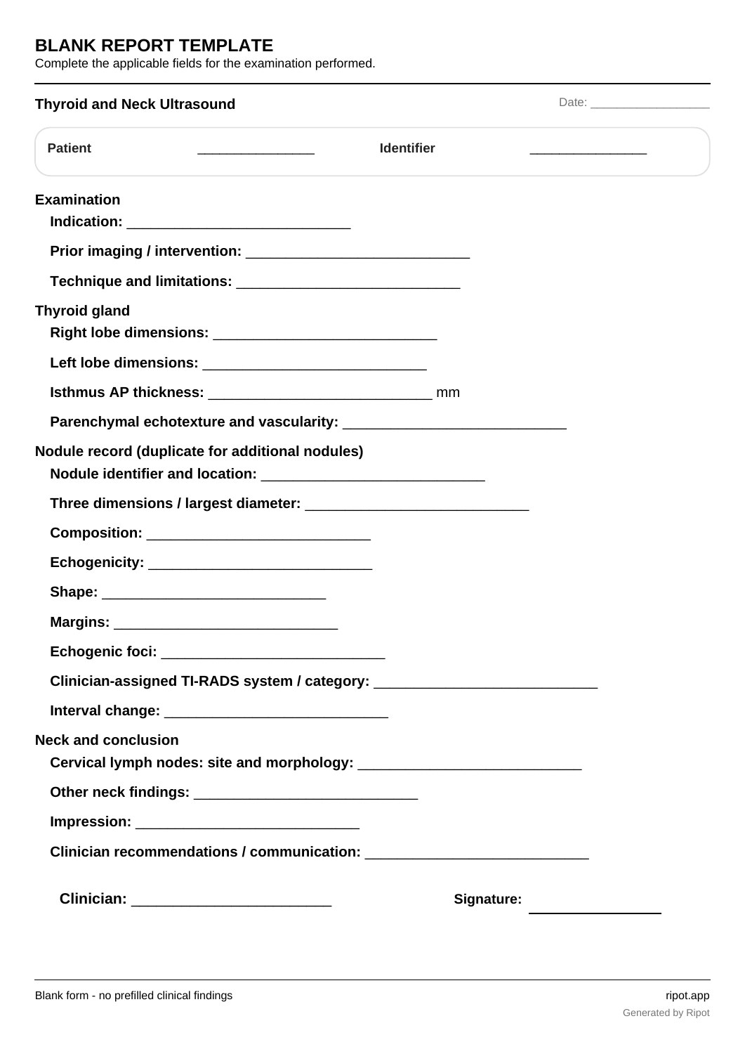 Thyroid and Neck Ultrasound blank template, page 1 of 1