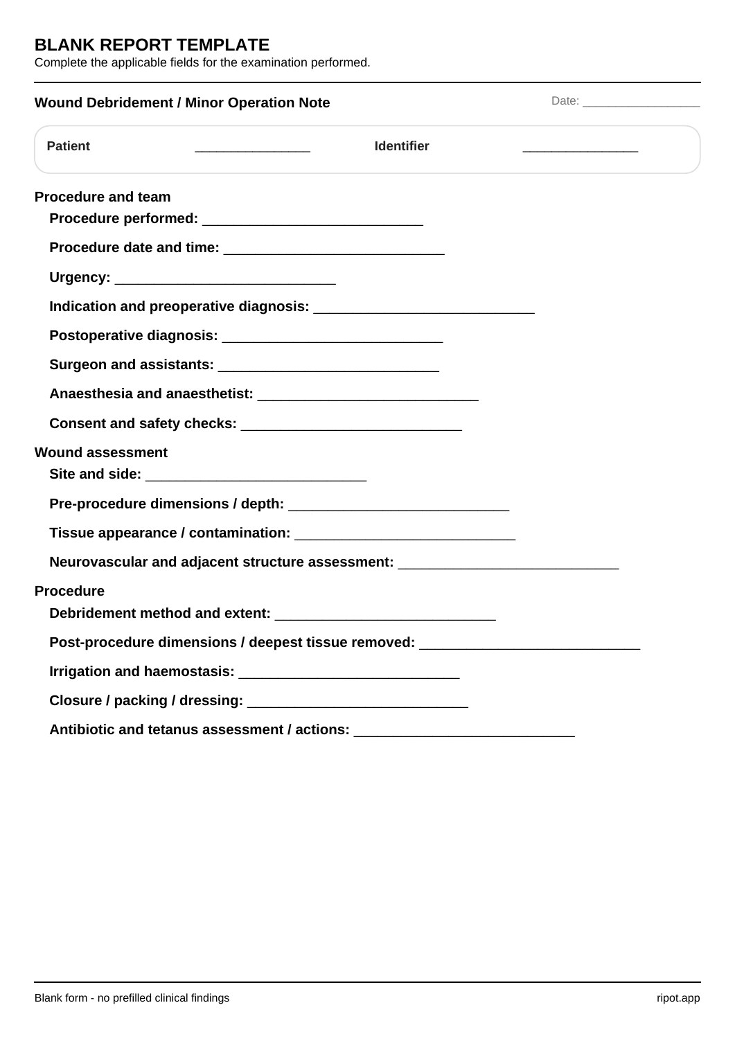 Wound Debridement / Minor Operation Note blank template, page 1 of 2